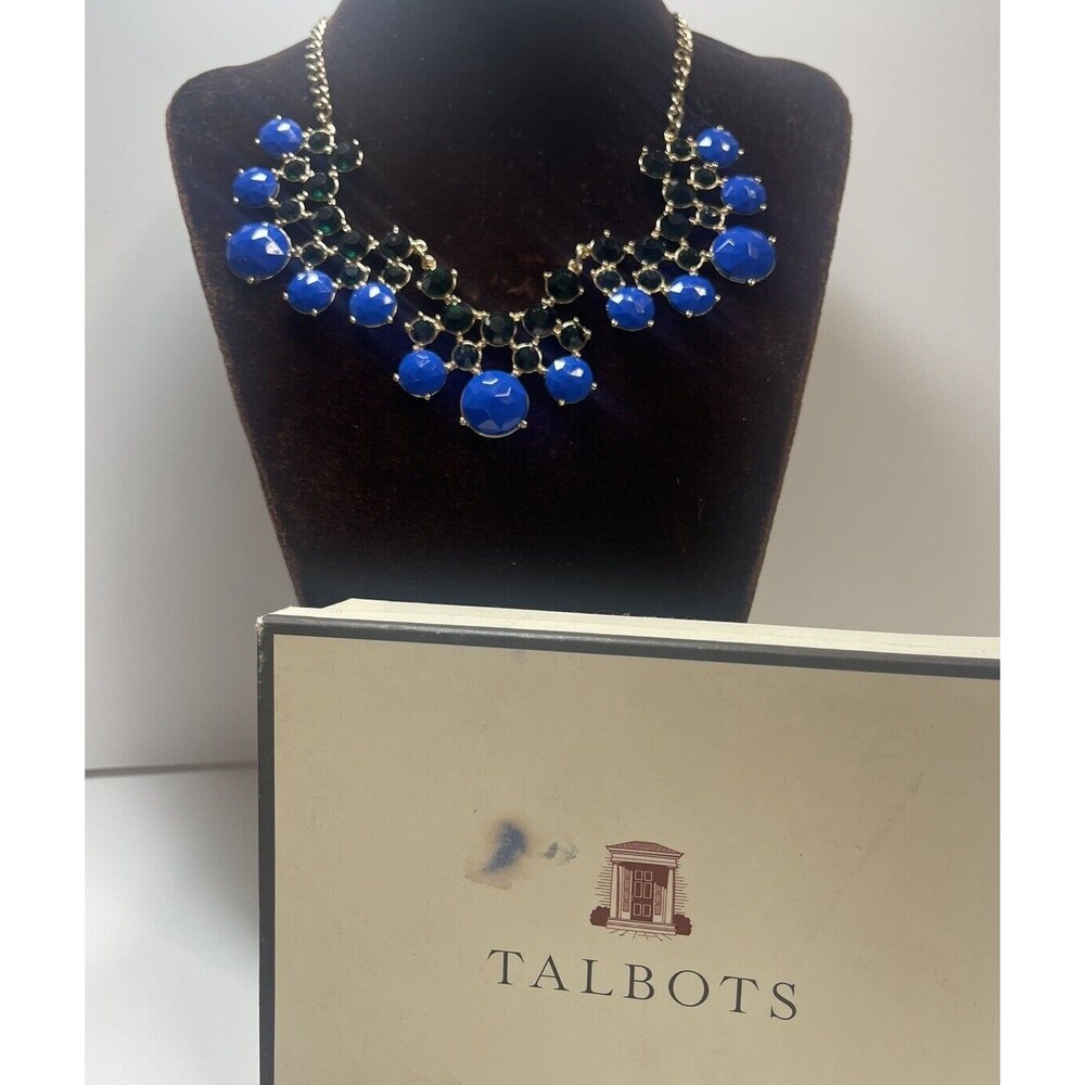 TALBOTS Gold Tone With Royal Blue & Emerald Green Stone Statement Necklace New